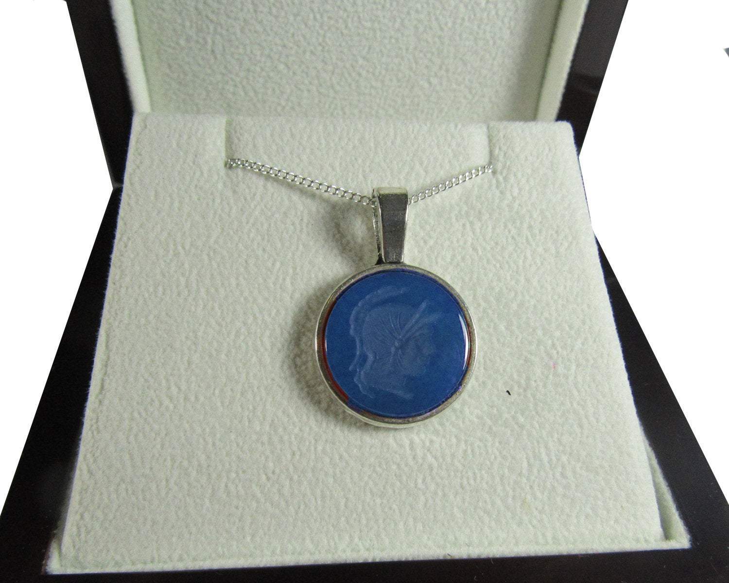 Round Blue Agate Pendant Intaglio 18mm Tibetan Silver Antique Silver including chain