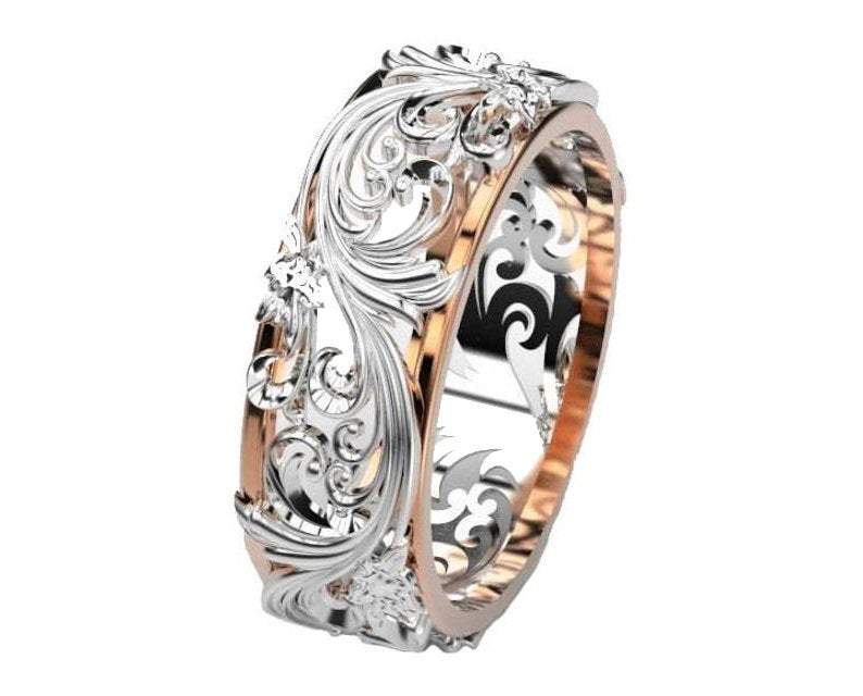 2 Tone Rose Gold White Leaves Wedding Band 18K Gold Milgrain Band Ring Promise Band