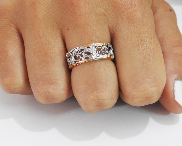 2 Tone Rose Gold White Leaves Wedding Band 18K Gold Milgrain Band Ring Promise Band