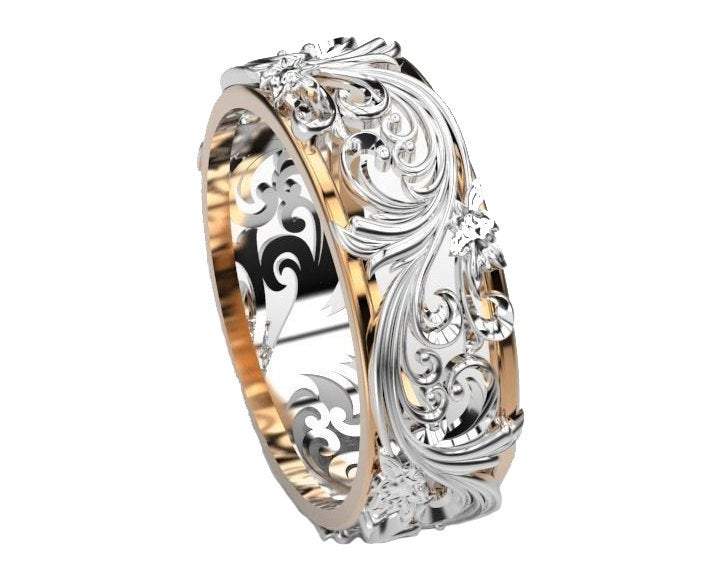 Filigree Engagement Ring, 18K Leaf Wedding Band, 2 Tone Wedding Ring, Celtic ring, Floral Jewelry