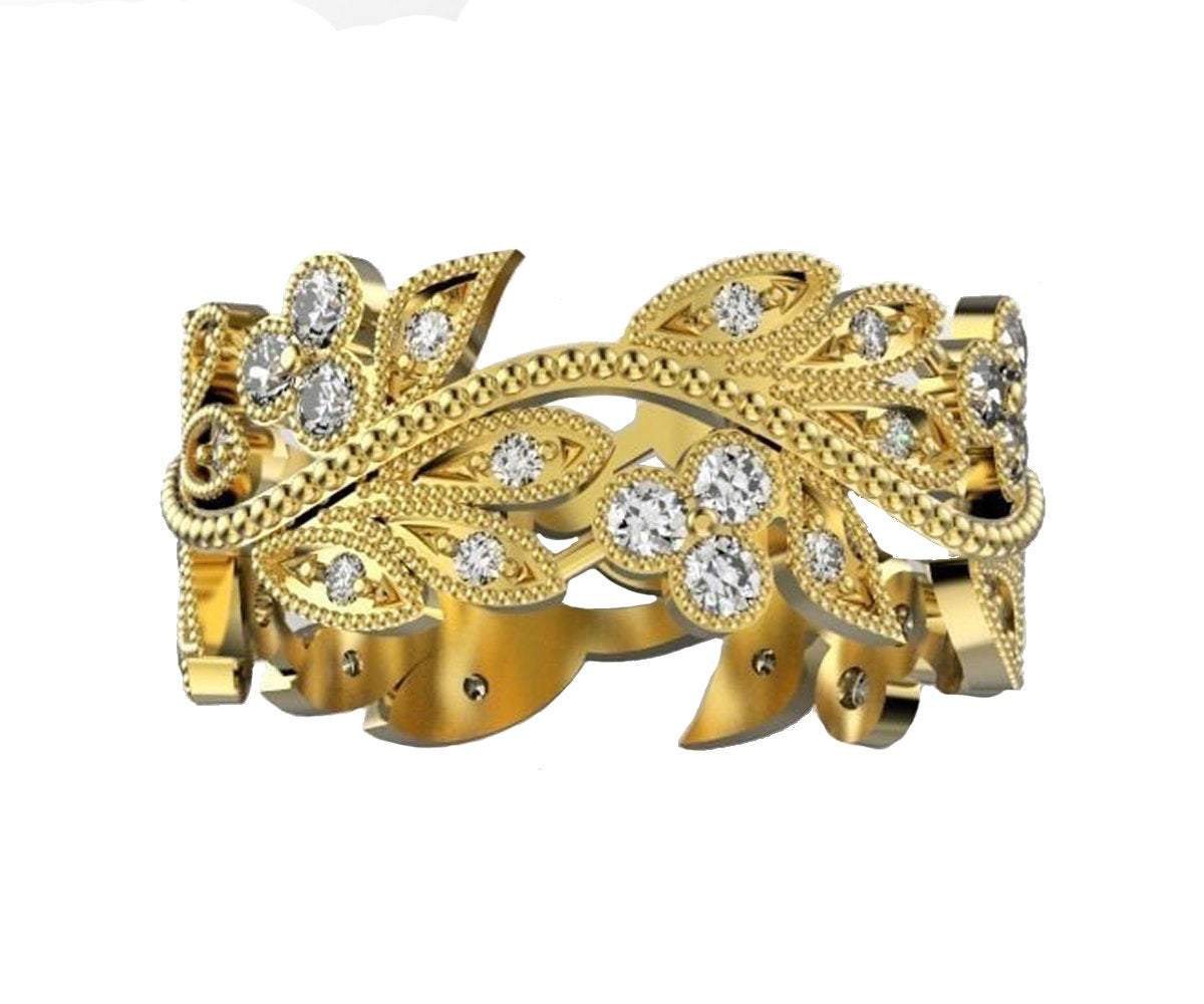 Wide Leaves Band Filigree Ring 18K White Gold Milgrain Ring Branch Ring Twig Band for the one that you Love so much