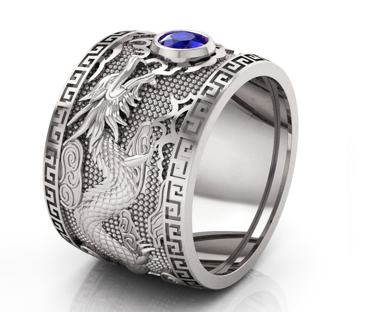 Heavy Dragon Men's Sapphire Silver Ring, Large Engraved Ring