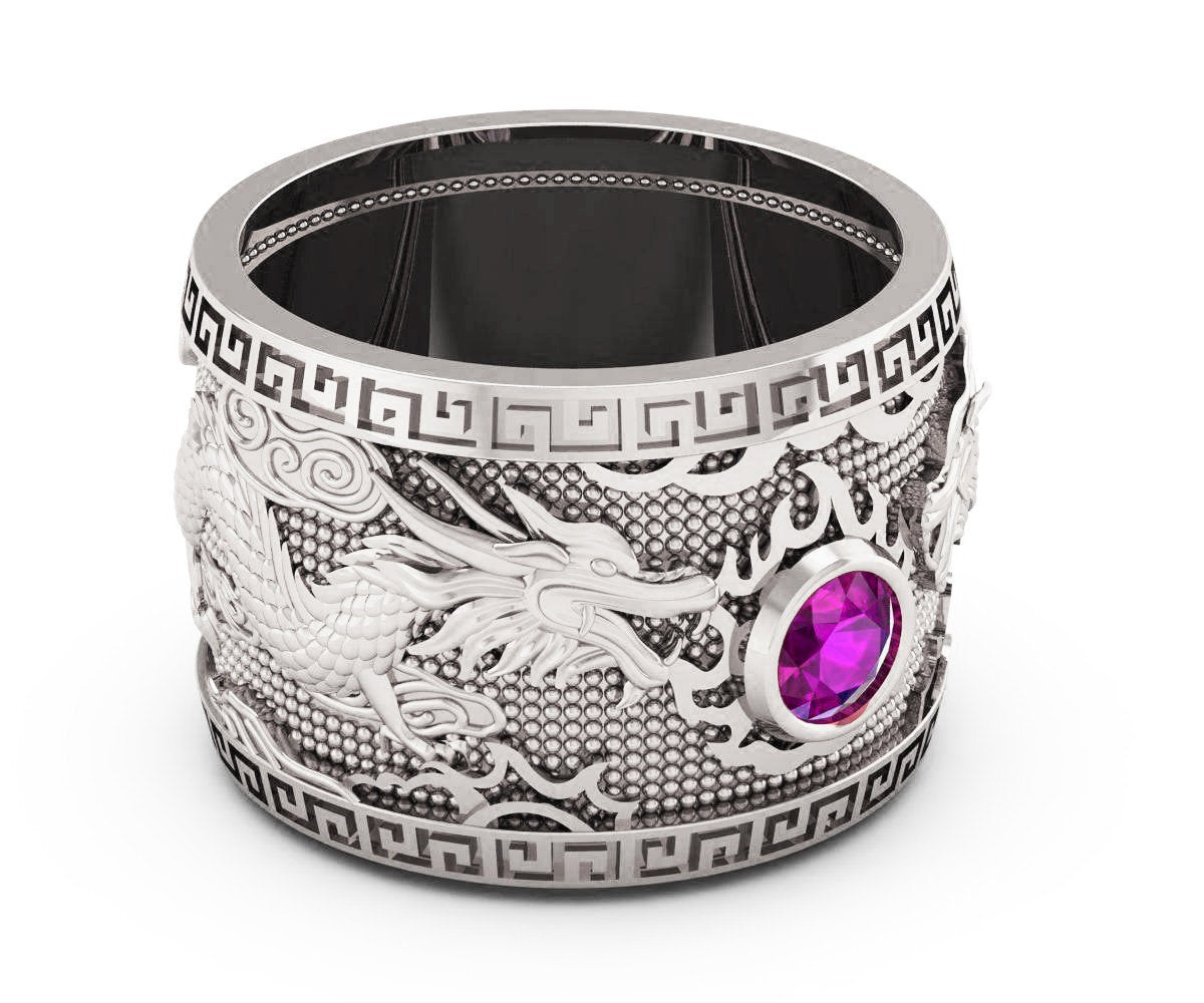 Heavy Amethyst Silver Dragon Mens Ring Genuine Purple Gemstone Ring Gift for Man Large Big Green Engraved Ring
