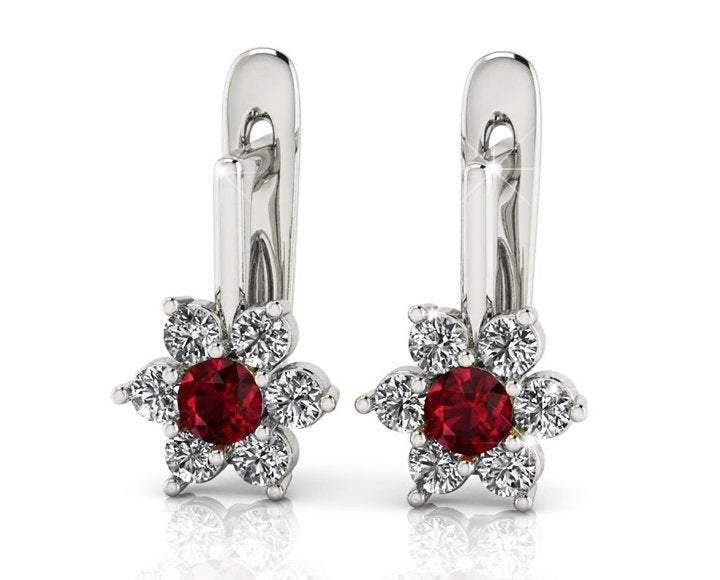 Red Earrings Flower LeverBack Earrings Gold Earrings Art Nouveau Ruby Earrings Diamond Earrings Flower Earrings in 14K or 18K White gold - Lianne Jewelry