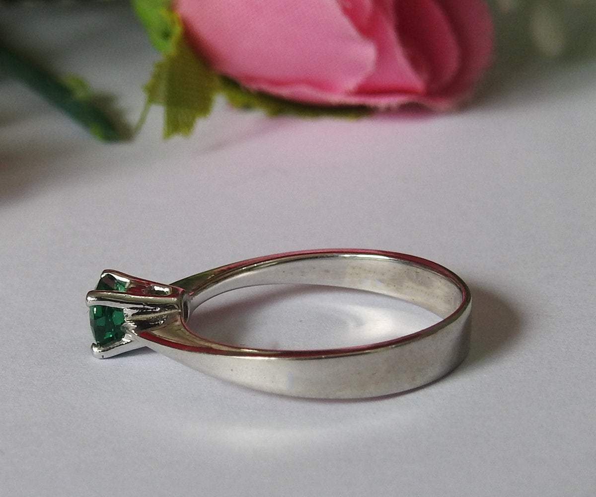Liquidation SALE 50% Off, Solitaire Emerald Silver Ring Engagement Ring