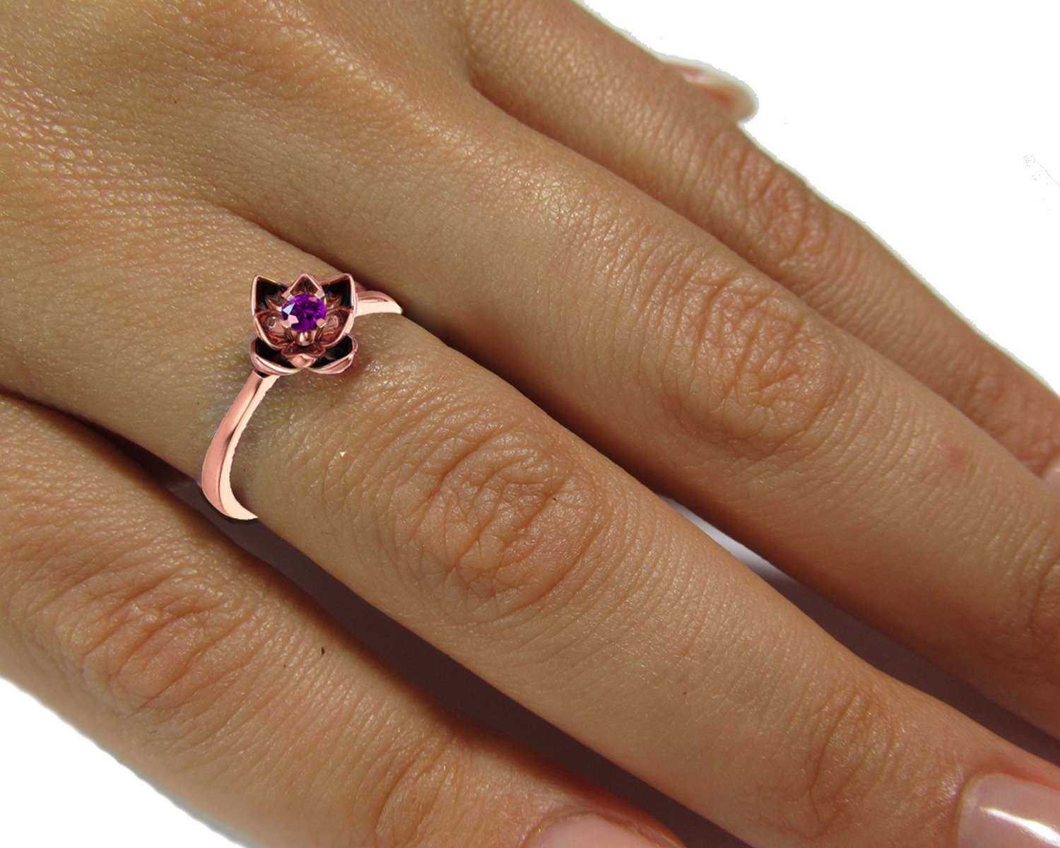 Lotus Ring, Botanical Ring Amethyst Flower Ring Lotus Ring Purple Flower Ring 18K Rose gold Engagement Ring