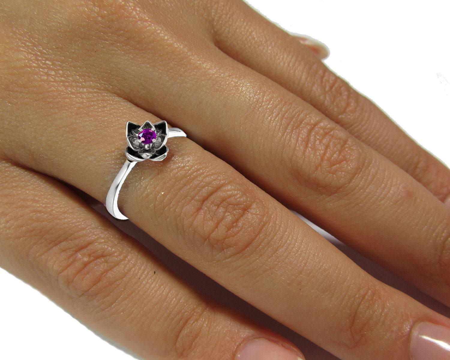 Lotus Ring, Botanical Ring Amethyst Flower Ring Lotus Ring Purple Flower Ring 18K White gold Engagement Ring