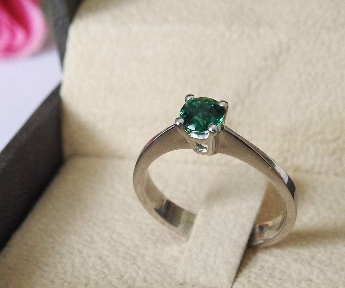 Liquidation SALE 50% Off, Solitaire Emerald Silver Ring Engagement Ring