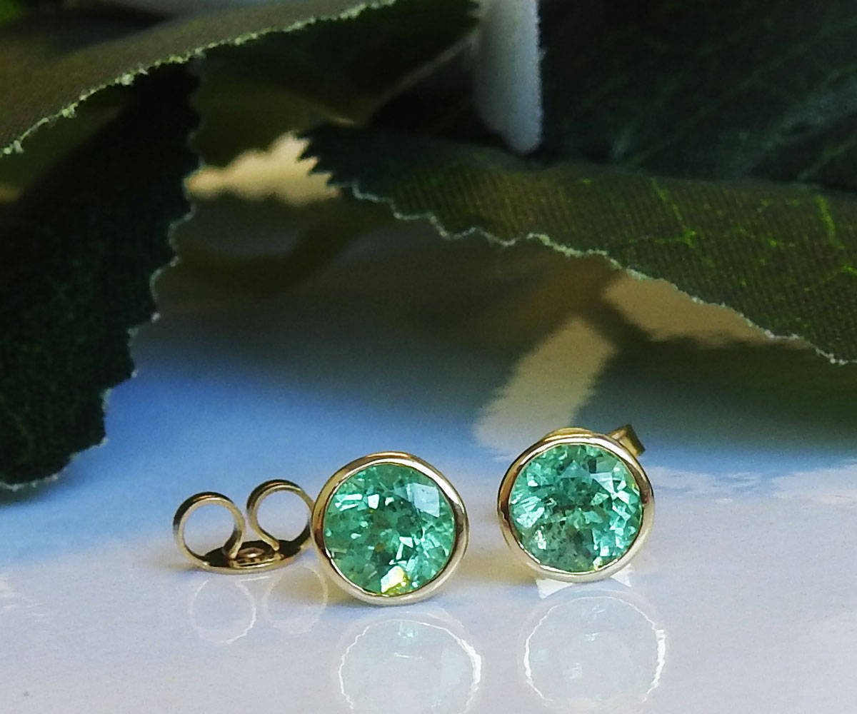 Solid Gold Round Emerald Studs Bezel set 6.5mm, Natural Emeralds Earrings, Super Green Sparkle - Lianne Jewelry