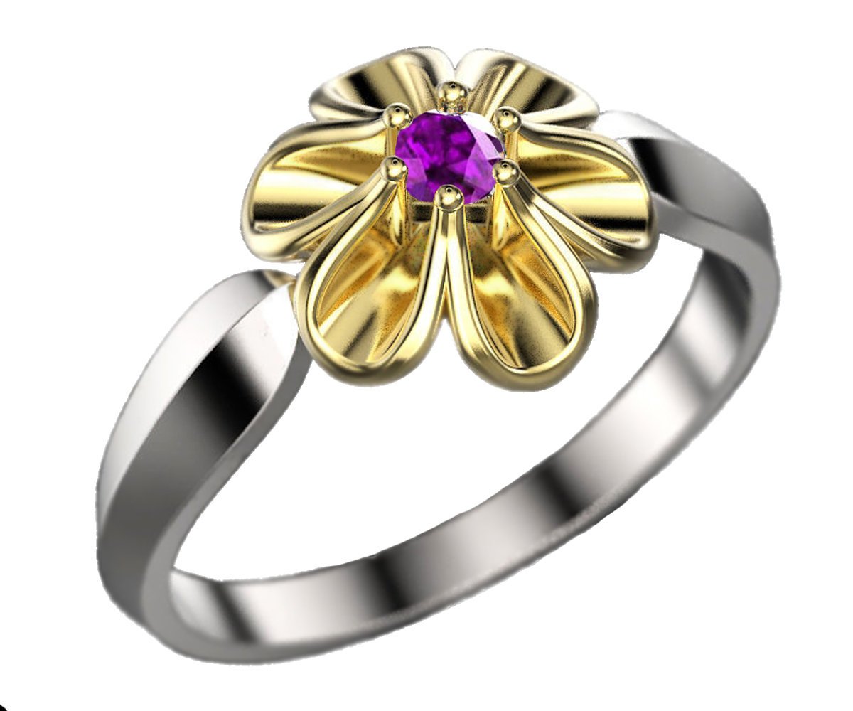 Amethyst Ring, Flower Ring, Sunflower Ring 2 Tone Gold Leaves Ring Promise Ring Unique Engagement Ring Floral ring Birthday