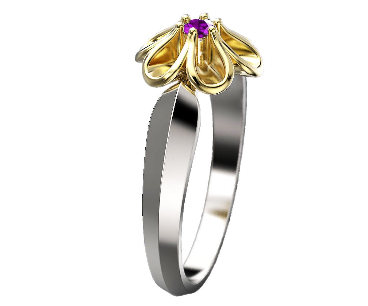 Amethyst Ring, Flower Ring, Sunflower Ring 2 Tone Gold Leaves Ring Promise Ring Unique Engagement Ring Floral ring Birthday