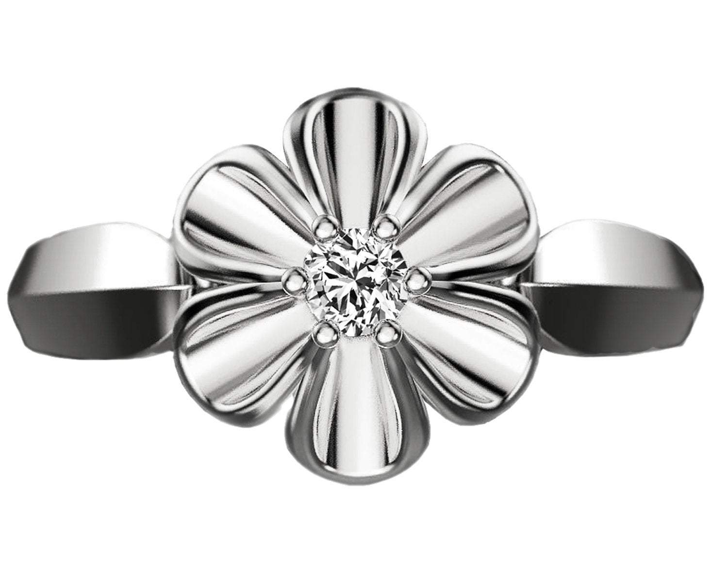 18K White gold Flower Ring Solitaire Flower Ring Leaves Ring Promise Ring Unique Engagement Ring