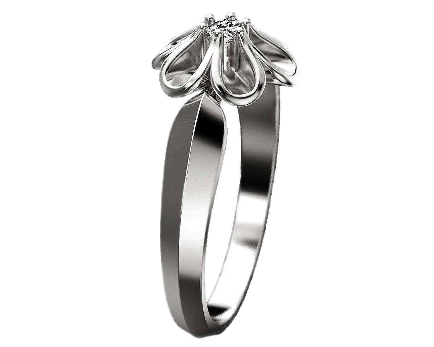 18K White gold Flower Ring Solitaire Flower Ring Leaves Ring Promise Ring Unique Engagement Ring
