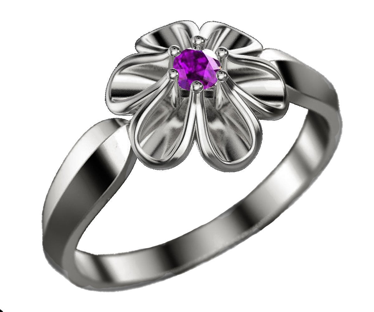 Leaves Ring Promise Ring Flower Purple 18K White gold Flower Ring with Amethyst Solitaire Flower Ring Unique Engagement Ring