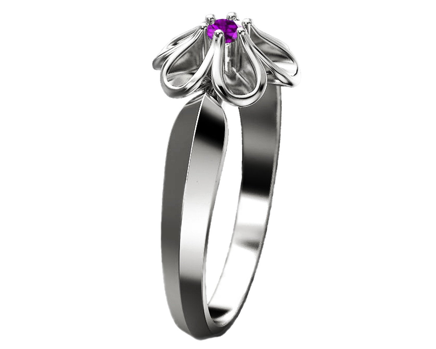 Leaves Ring Promise Ring Flower Purple 18K White gold Flower Ring with Amethyst Solitaire Flower Ring Unique Engagement Ring