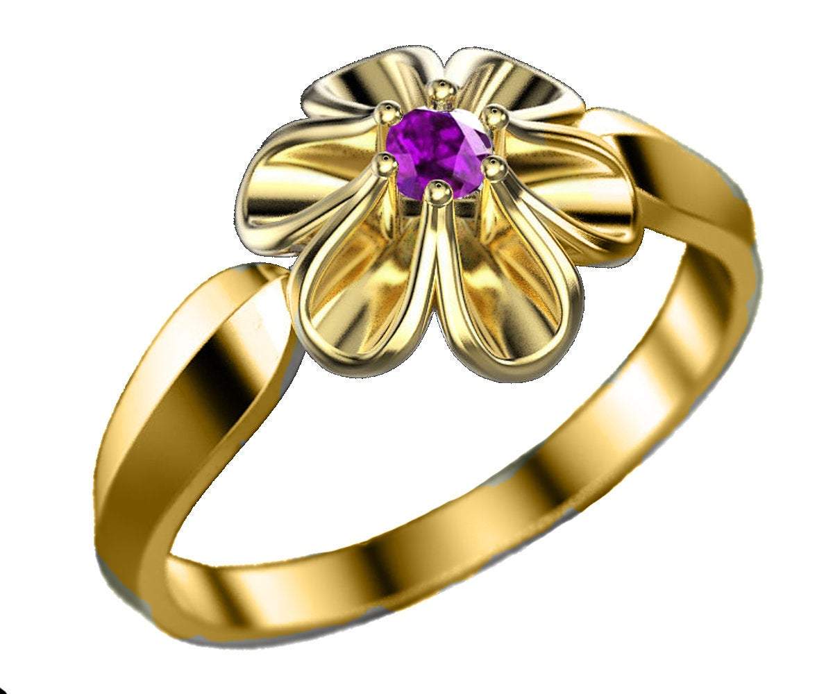 18K Yellow gold Flower Ring with Amethyst Solitaire Flower Ring Leaves Ring Promise Ring Unique Engagement Ring