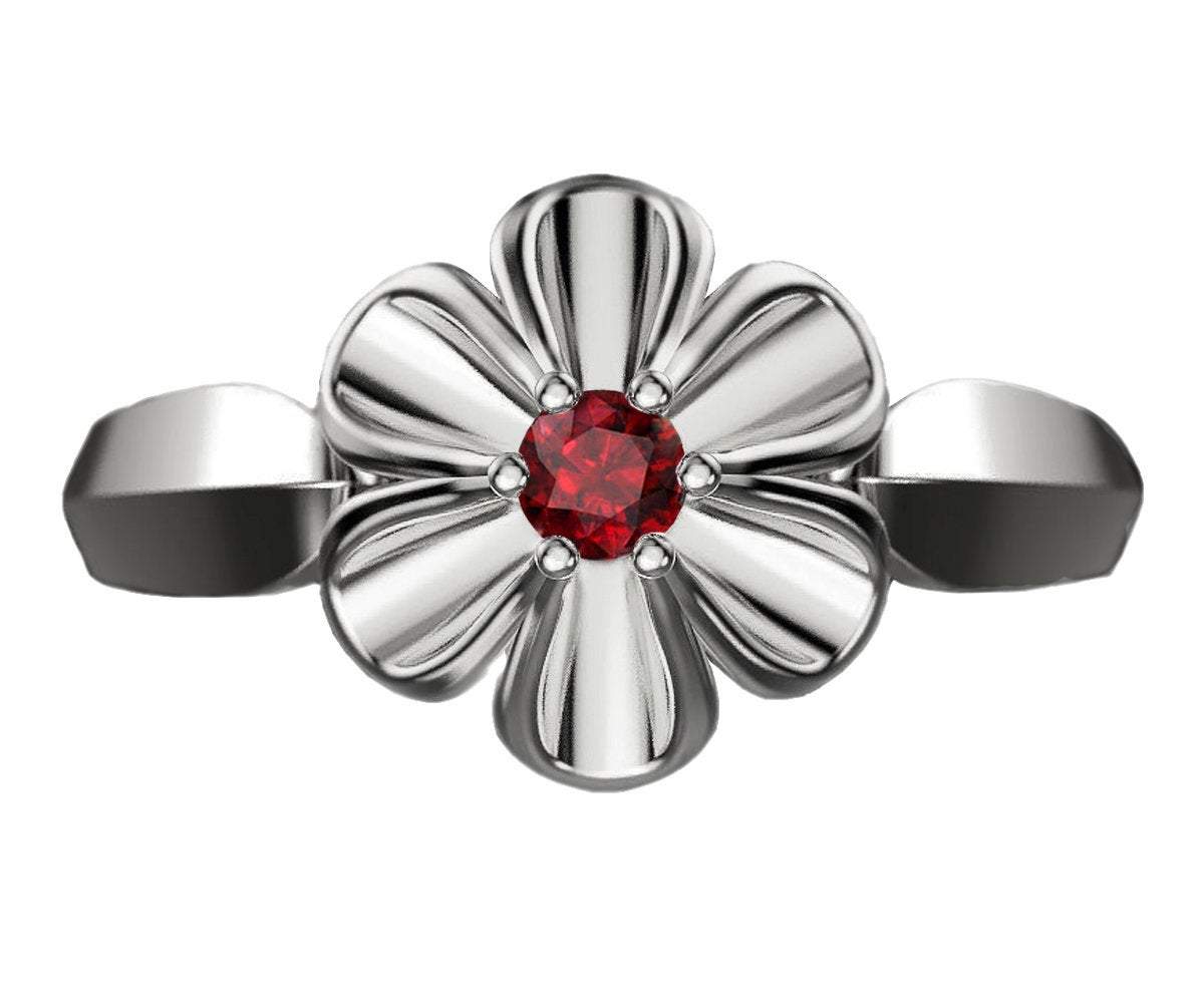 Leaves Engagement Ring 18K White gold Flower Ring with Ruby Solitaire Flower Ring Leaves Ring Promise Ring Unique Engagement Ring