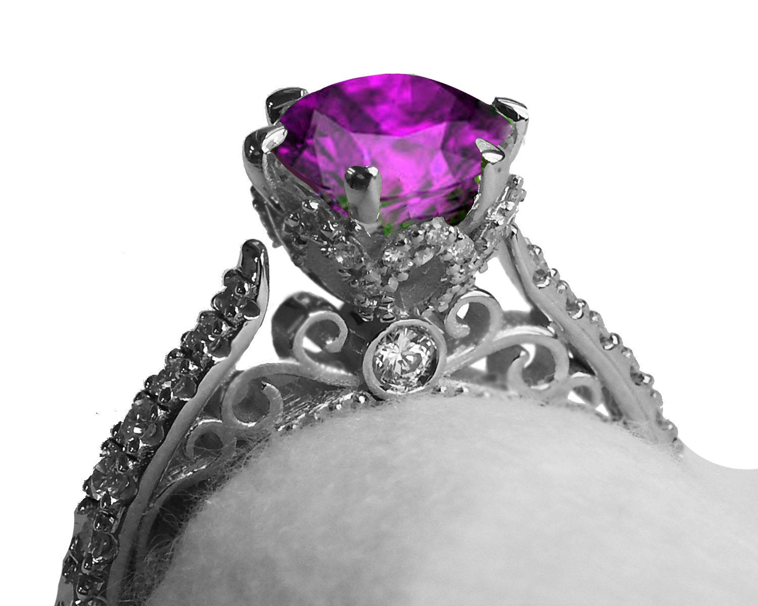 18K Amethyst Edwardian Filigree Flower Unique Diamond Engagement Ring 6 prongs