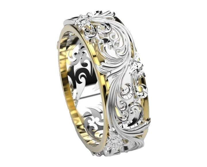 SALE -50% - 2 Tone Leaves Band 18K Flower Ring Filigree Ring in Ring US ring size 5