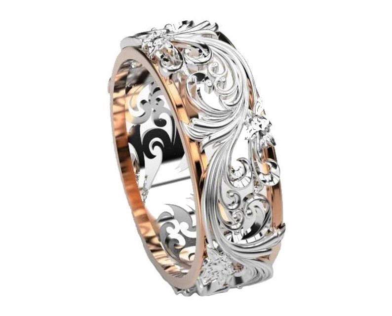 2 Tone Rose Gold White Leaves Wedding Band 18K Gold Milgrain Band Ring Promise Band