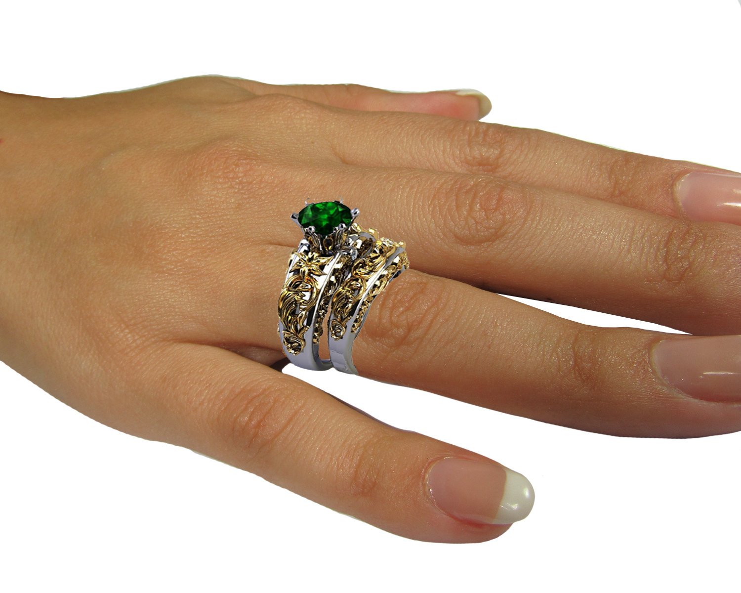 Ring Set Filigree Band 2 Tone Green Bridal Set Flower Set Ring Milgrain Band Ring Lab Emerald Art Nouveau unique wedding band - Lianne Jewelry