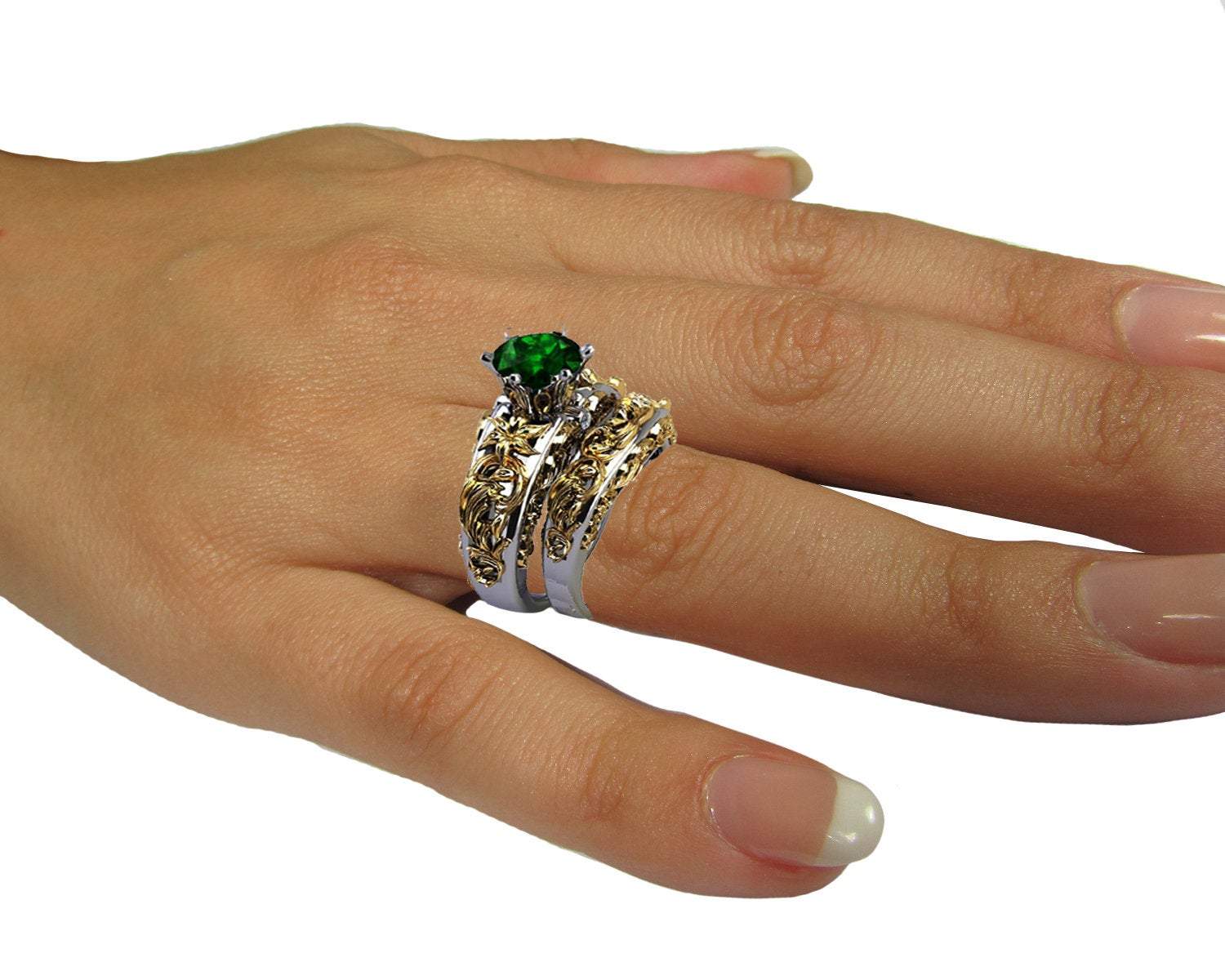 2 Tone Matching Ring Set Filigree Band ring Green Bridal Set Flower Set Ring Milgrain Band Ring Lab Emerald Art Nouveau unique wedding band