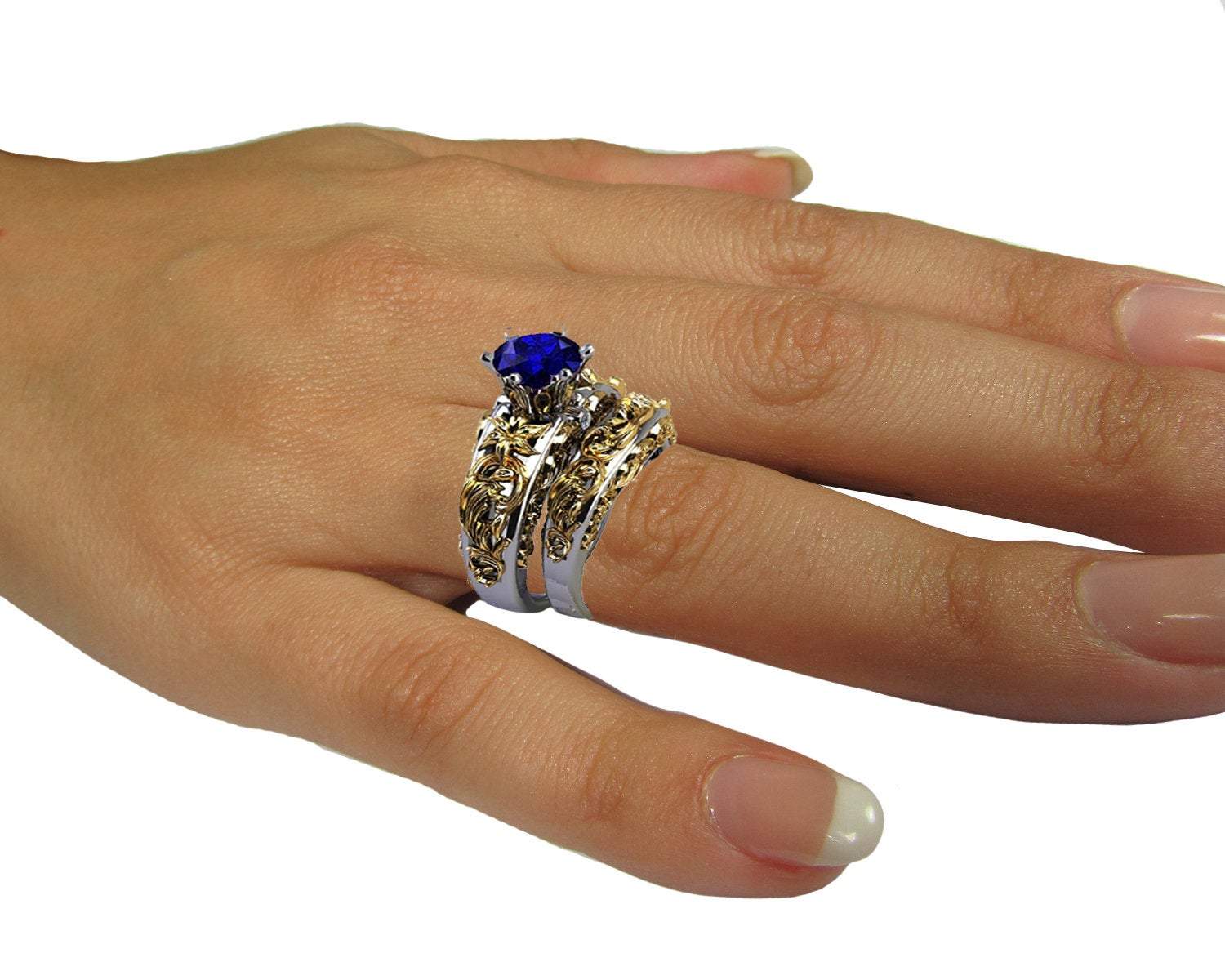 Bridal set Brutalist ring Two Tone Sapphire gold Flower Sapphire Ring  Braided Engraving Trellis Sapphire matching wedding band