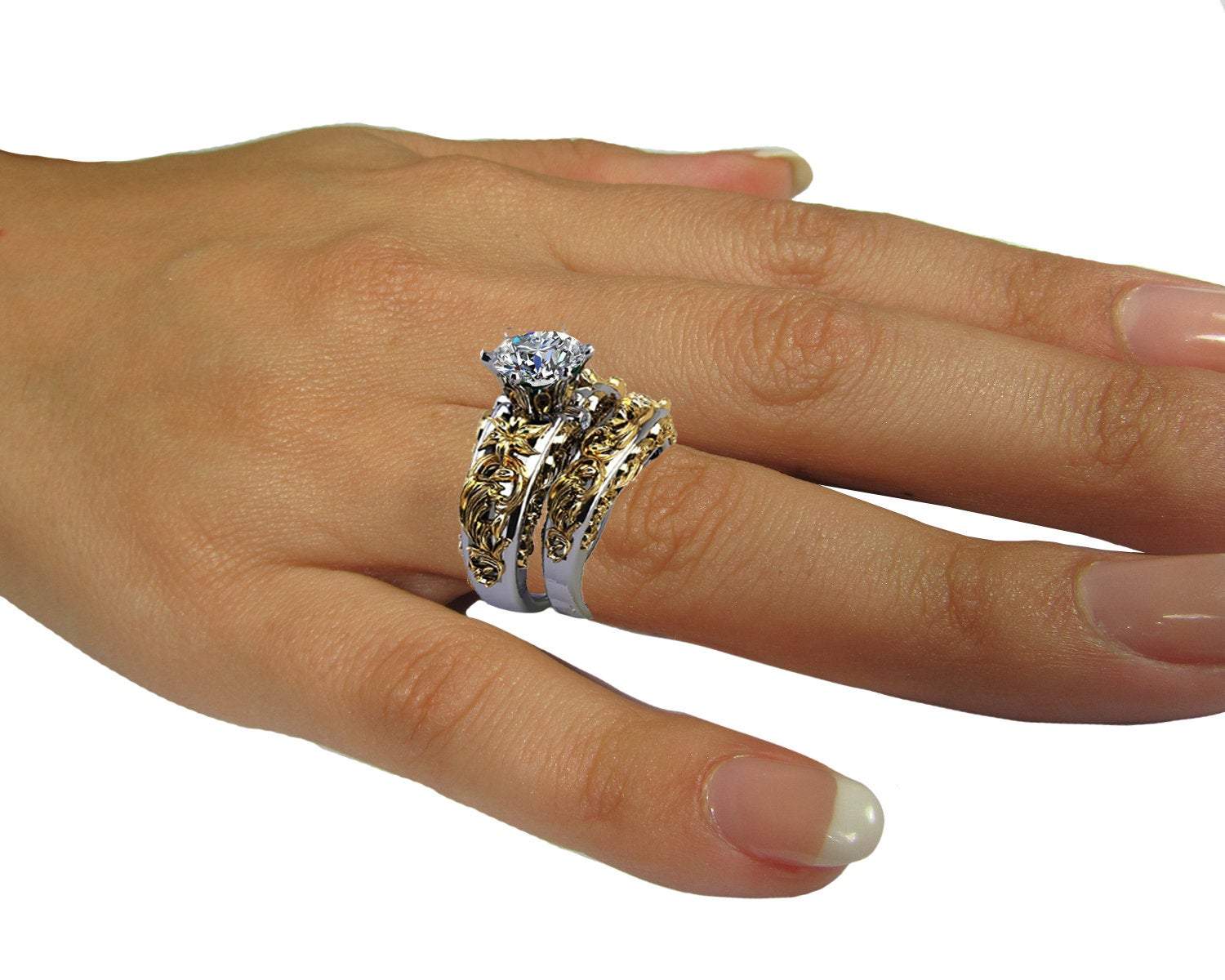 Bridal set Two Tone gold Flower Ring Braided Engraving Trellis Moissanite matching Art Nouveau unique wedding band