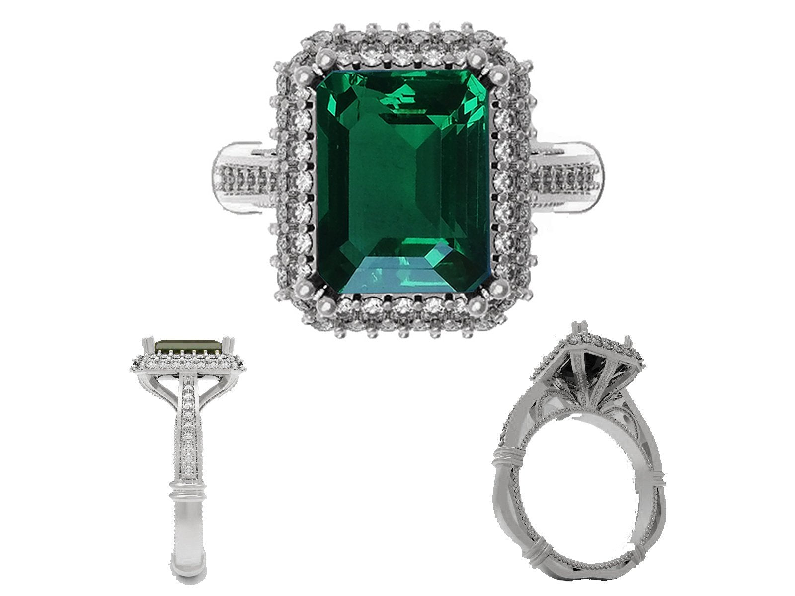 18K White Gold Emerald Engagement Ring Milgrain Pave Diamond all around Halo Emerald Ring Gold Ring Vintage Style Emerald May Birthstone