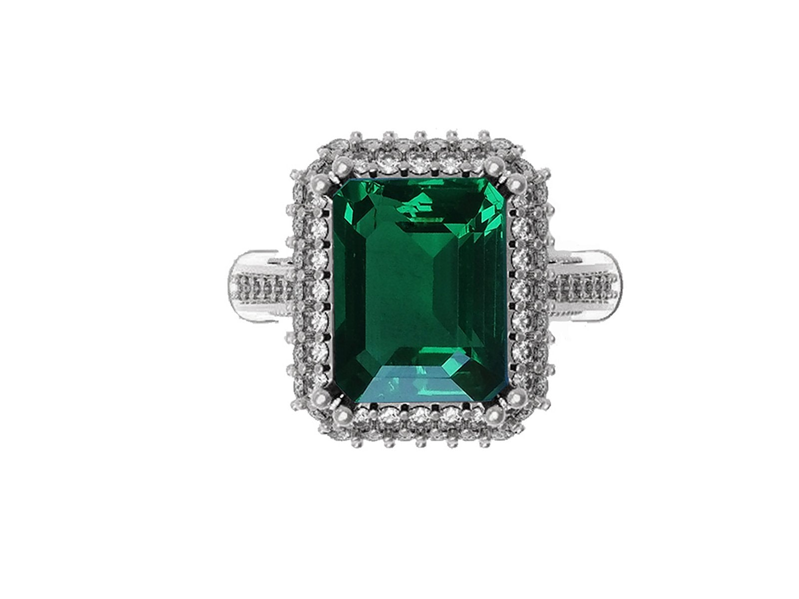 18K White Gold Emerald Engagement Ring Milgrain Pave Diamond all around Halo Emerald Ring Gold Ring Vintage Style Emerald May Birthstone