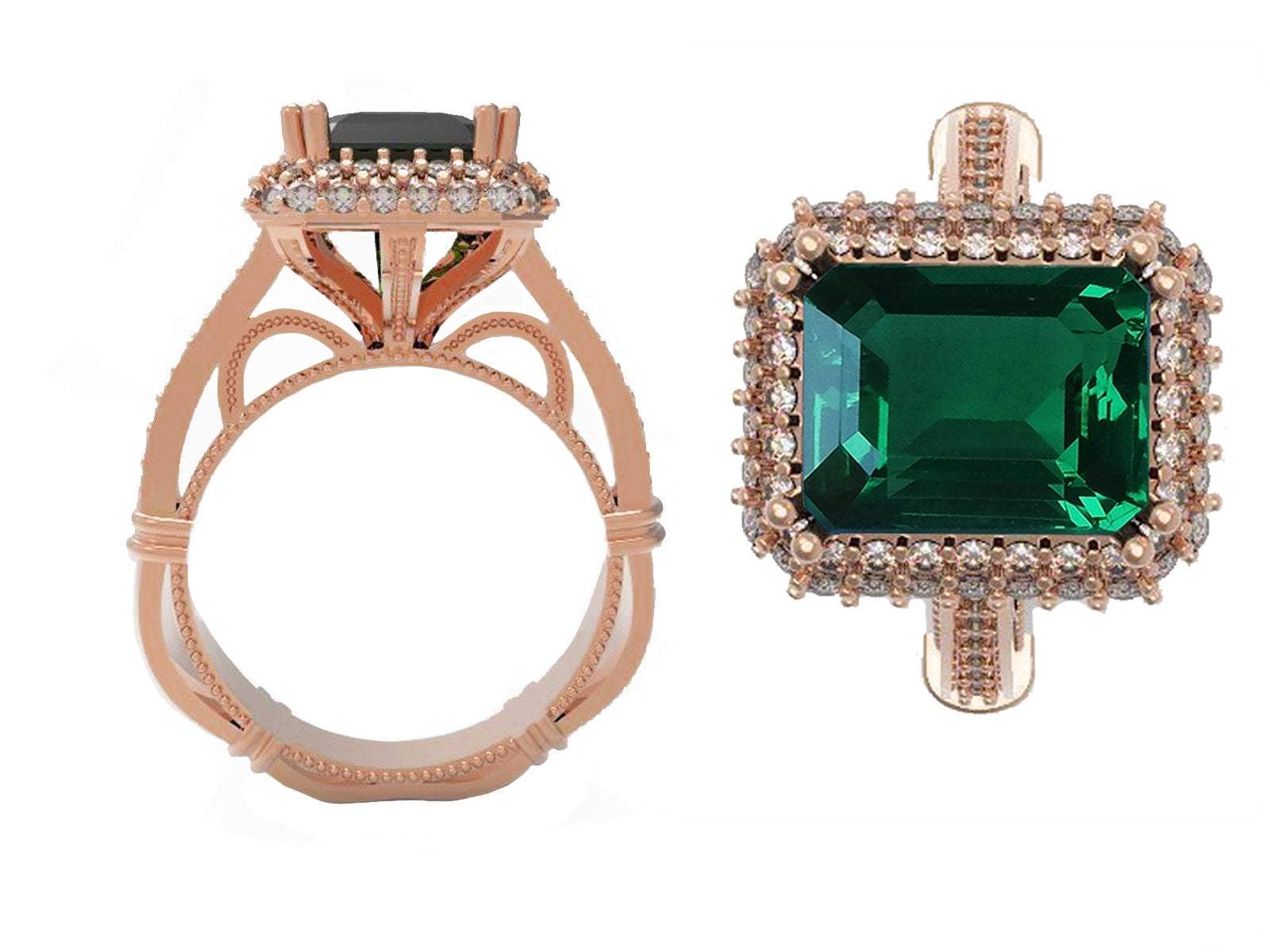 18K Rose Gold Emerald Emerald cut Engagement Ring surrounded with Diamonds