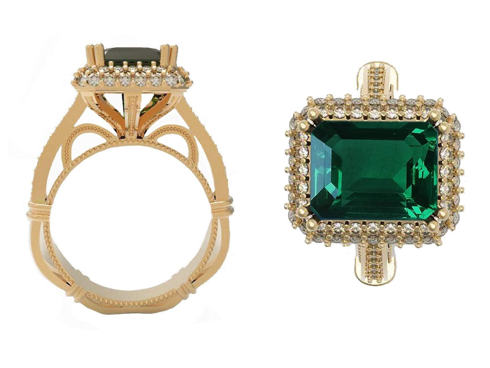 Emerald Engagement Ring Milgrain Pave Diamond all around Halo Emerald Ring 18K Solid Gold Diana Ring Vintage Style Emerald May Birthstone