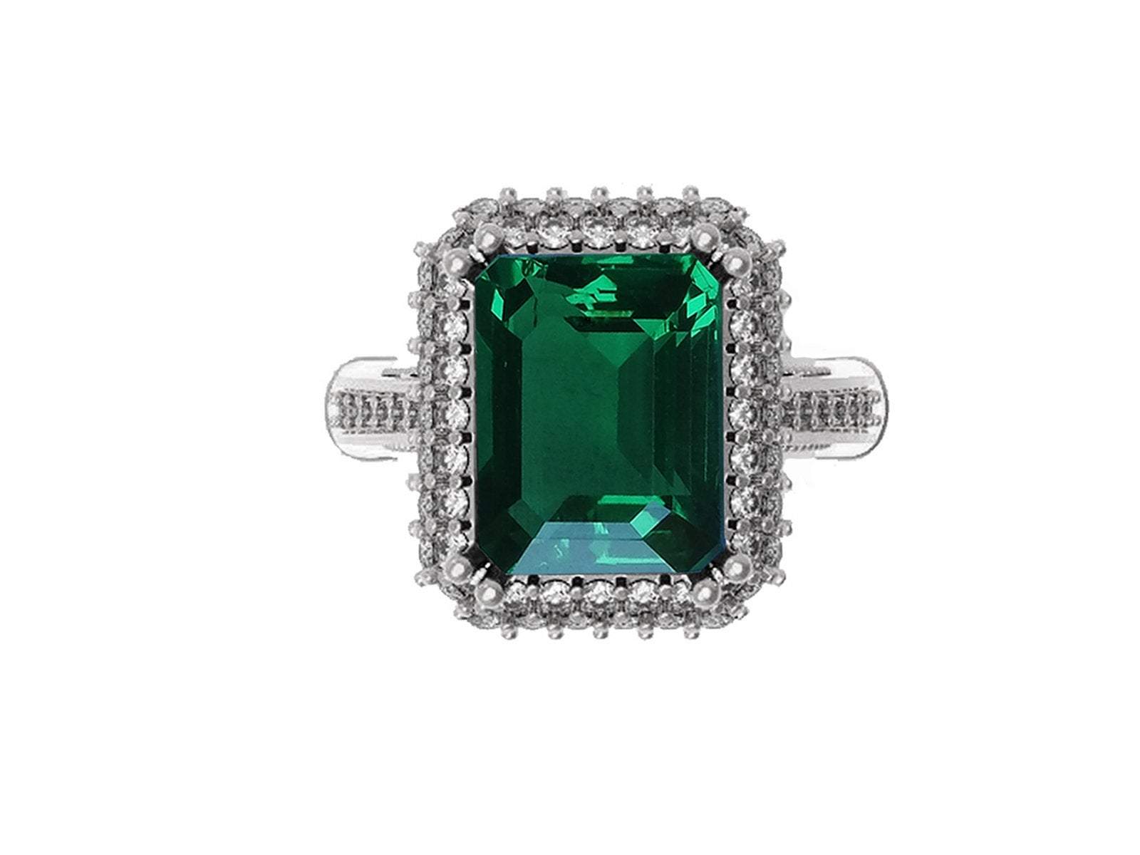 Emerald Engagement Ring Milgrain Pave Diamond all around Halo Emerald Ring Silver Ring Vintage Style Emerald May Birthstone