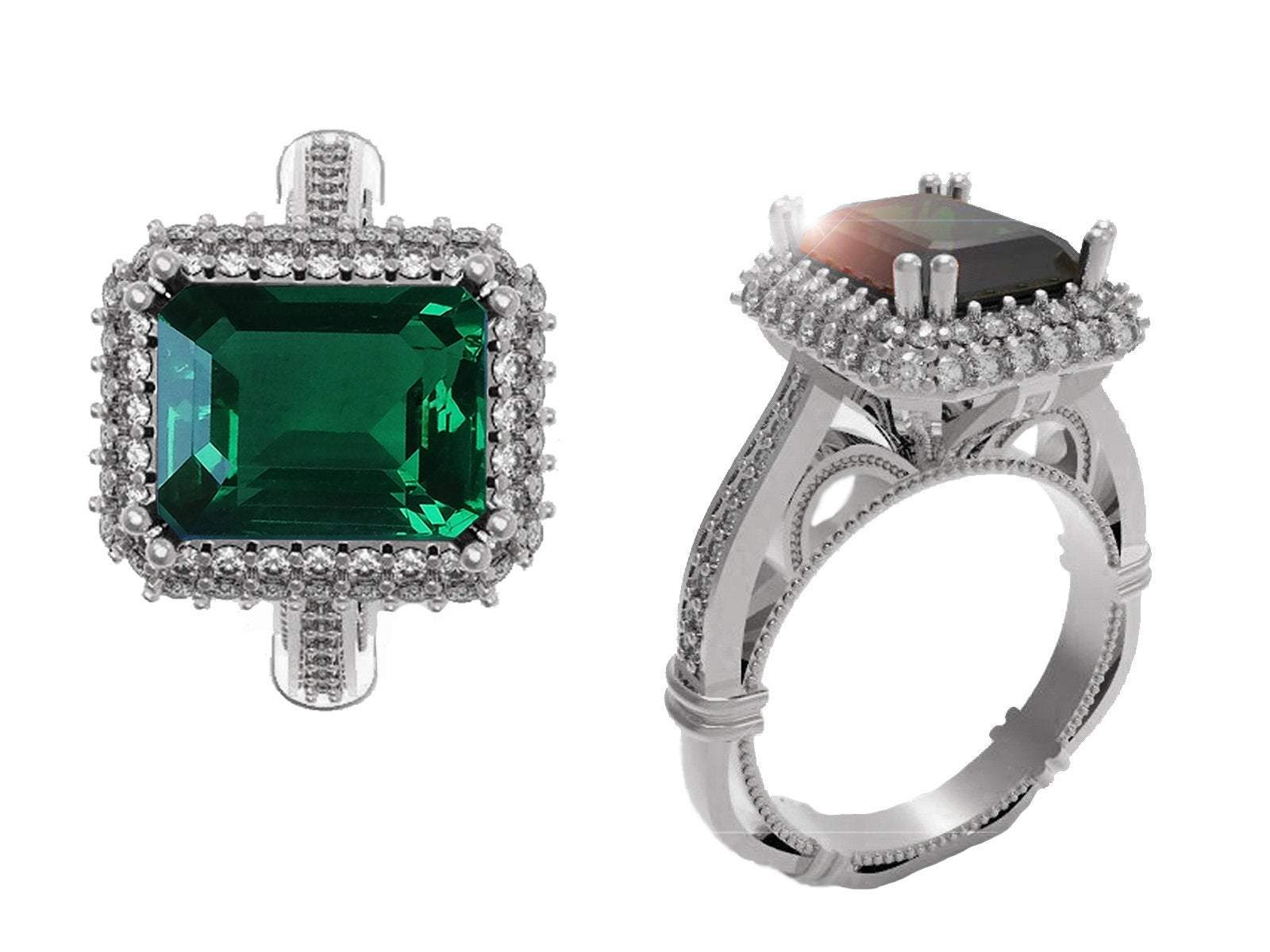 Emerald Engagement Ring Milgrain Pave Diamond all around Halo Emerald Ring Silver Ring Vintage Style Emerald May Birthstone - Lianne Jewelry