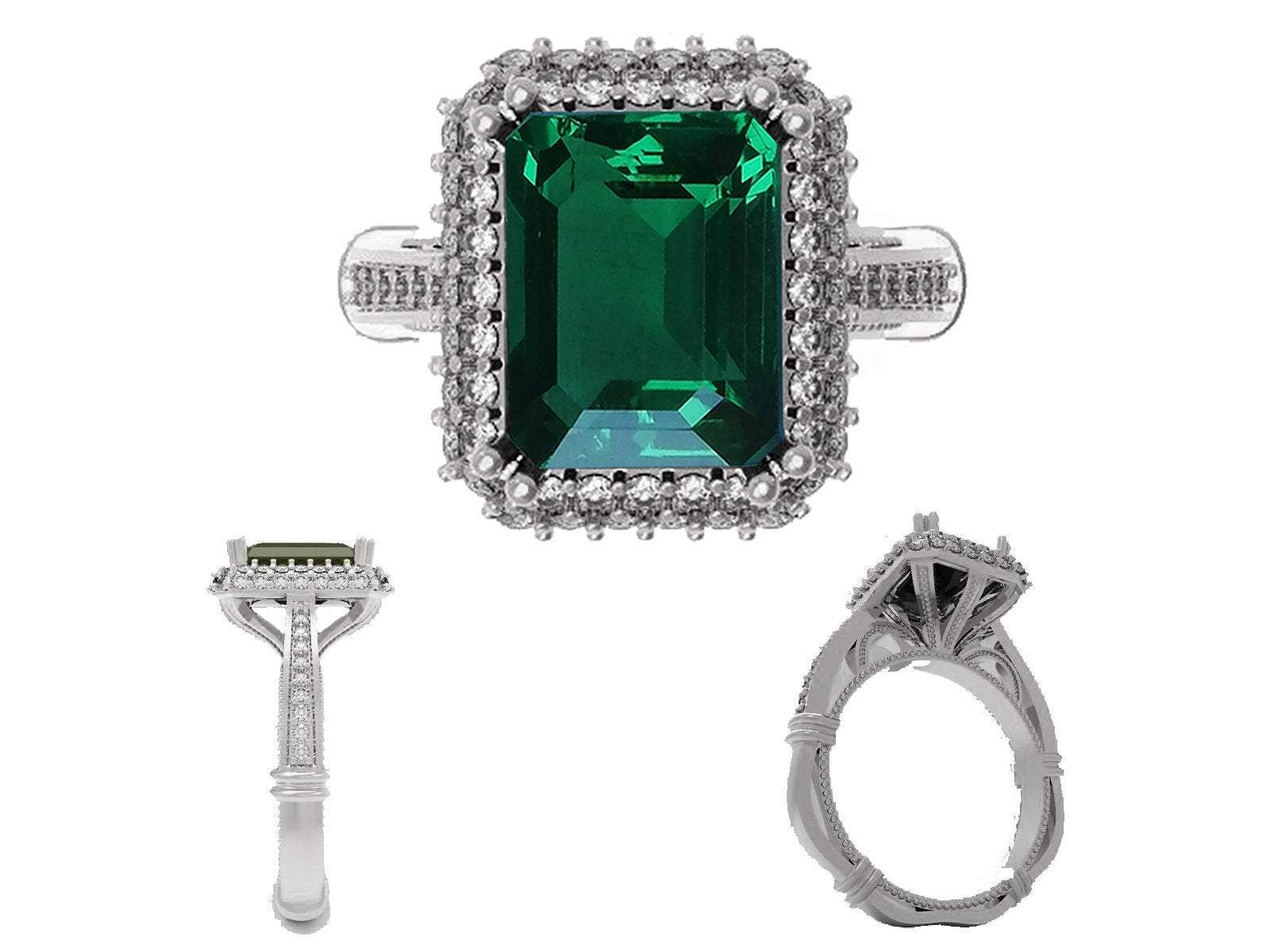 Emerald Engagement Ring Milgrain Pave Diamond all around Halo Emerald Ring Silver Ring Vintage Style Emerald May Birthstone - Lianne Jewelry
