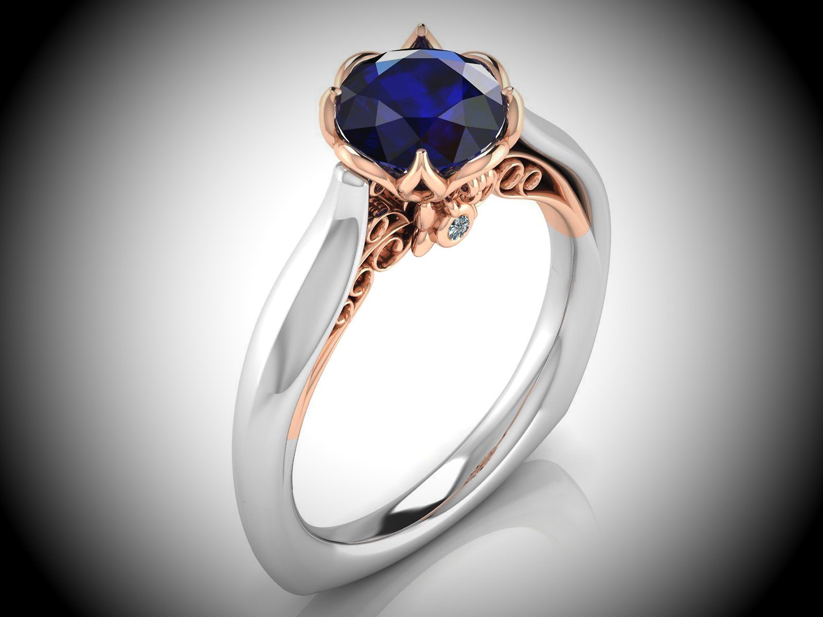 2 Tone Sapphire Engagement Ring Milgrain Solitaire Ring 18K Solid Gold Contour Filigree Vintage Style