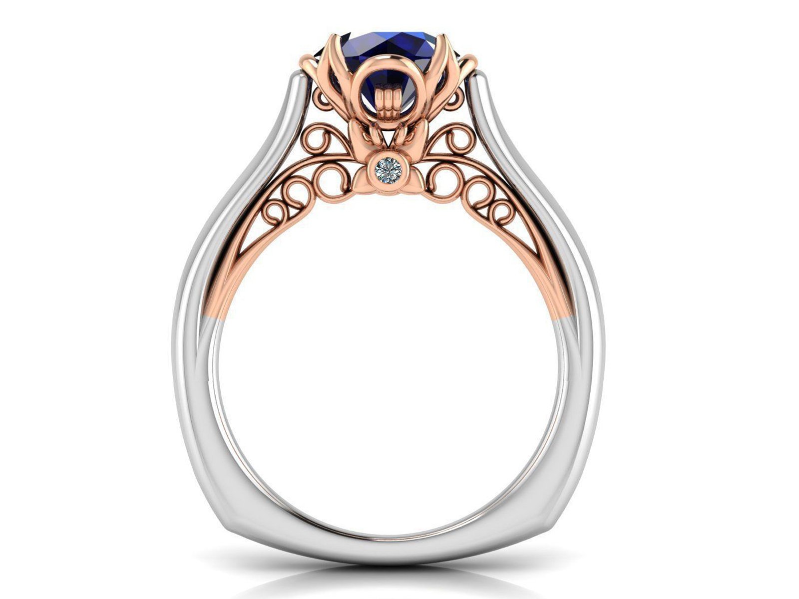 2 Tone Sapphire Engagement Ring Milgrain Solitaire Ring 18K Solid Gold Contour Filigree Vintage Style
