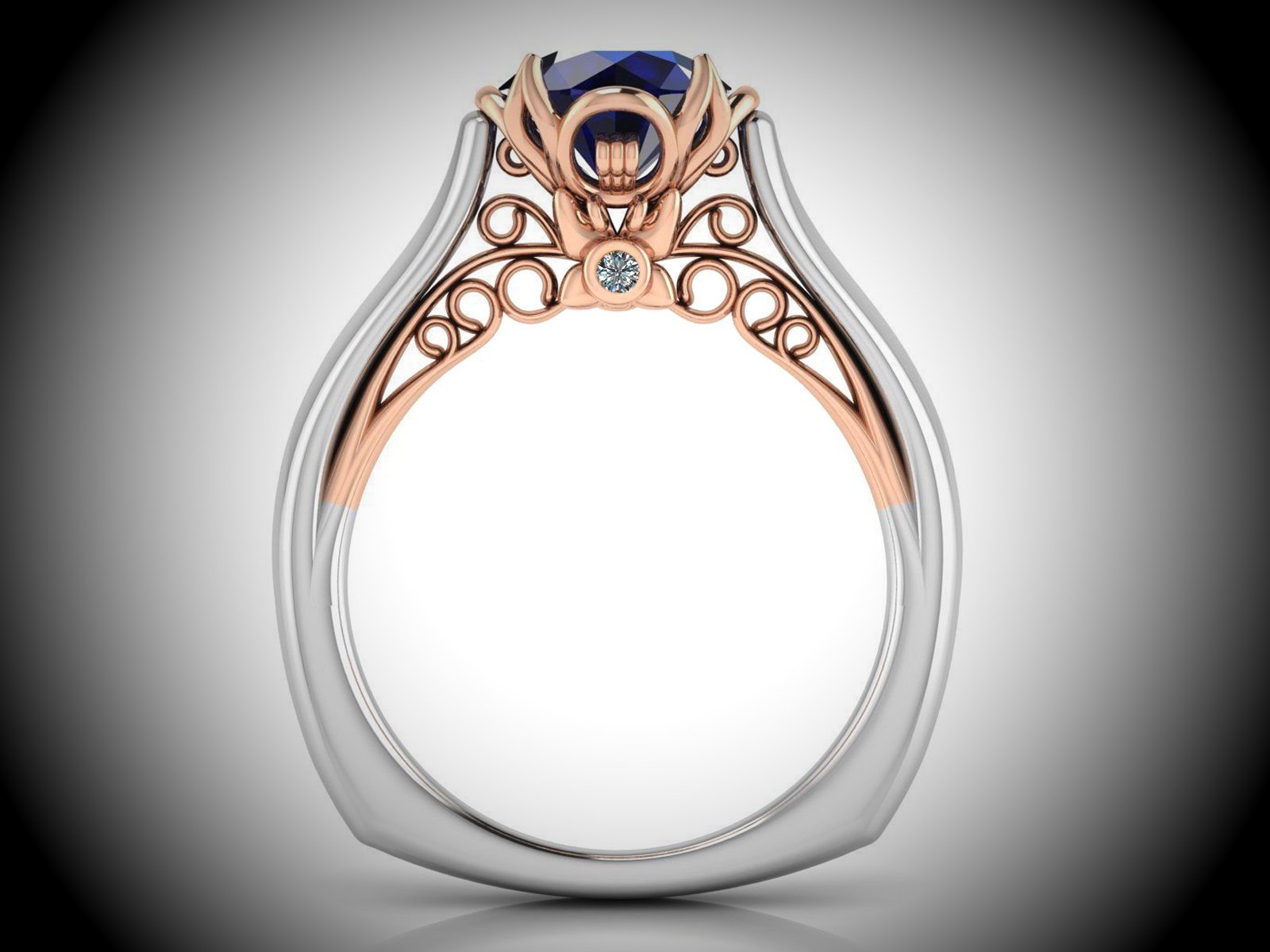 2 Tone Sapphire Engagement Ring Milgrain Solitaire Ring 18K Solid Gold Contour Filigree Vintage Style