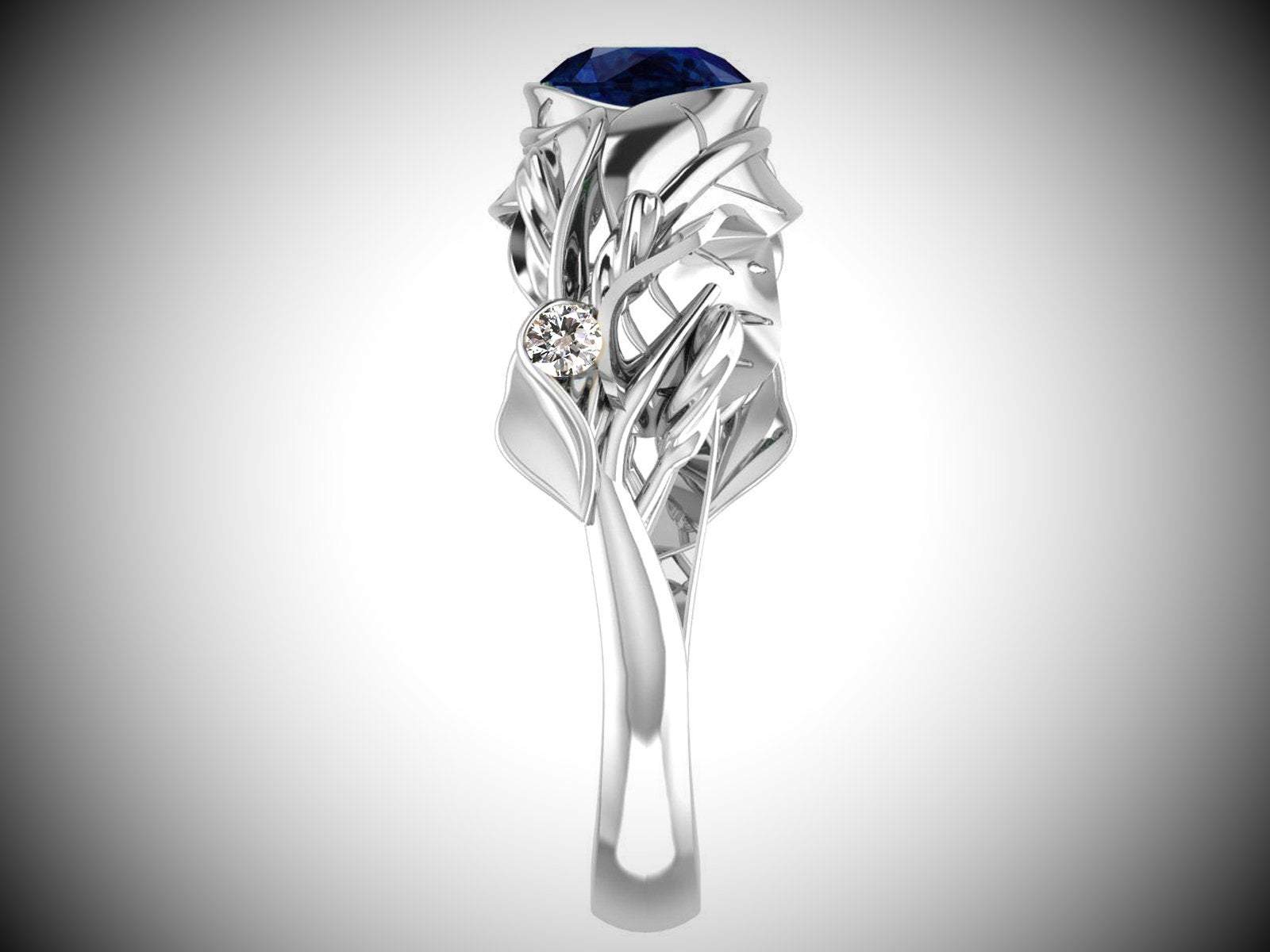 Floral Sapphire Engagement Ring Leaves Ring Solitaire Ring 18K Solid White Gold Twig Ring Branch Ring Botanical Ring Vintage Style - Lianne Jewelry