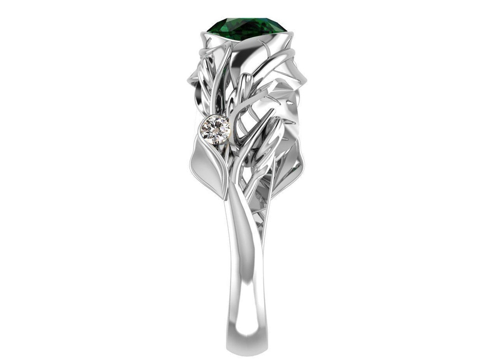 Floral Emerald Engagement Ring Leaves Ring Solitaire Ring 18K