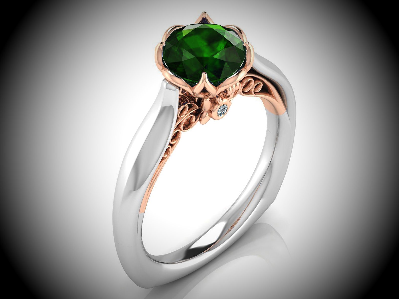 2 Tone Emerald Engagement Ring Milgrain Solitaire Ring 18K Solid Gold Contour Filigree Vintage Style