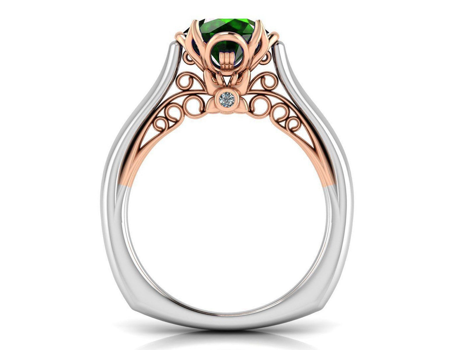 2 Tone Emerald Engagement Ring Milgrain Solitaire Ring 18K Solid Gold Contour Filigree Vintage Style