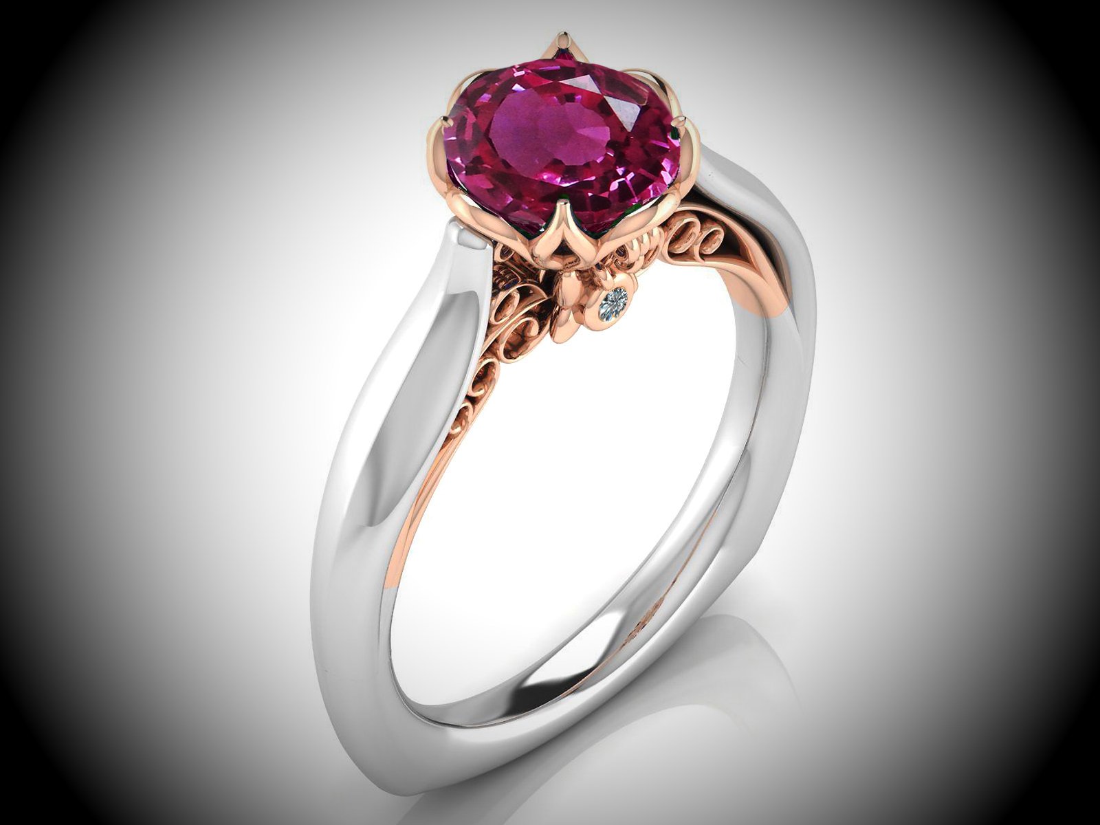 2 Tone Pink Sapphire Engagement Ring Milgrain Solitaire Ring 18K Solid Gold Contour Filigree Vintage Style