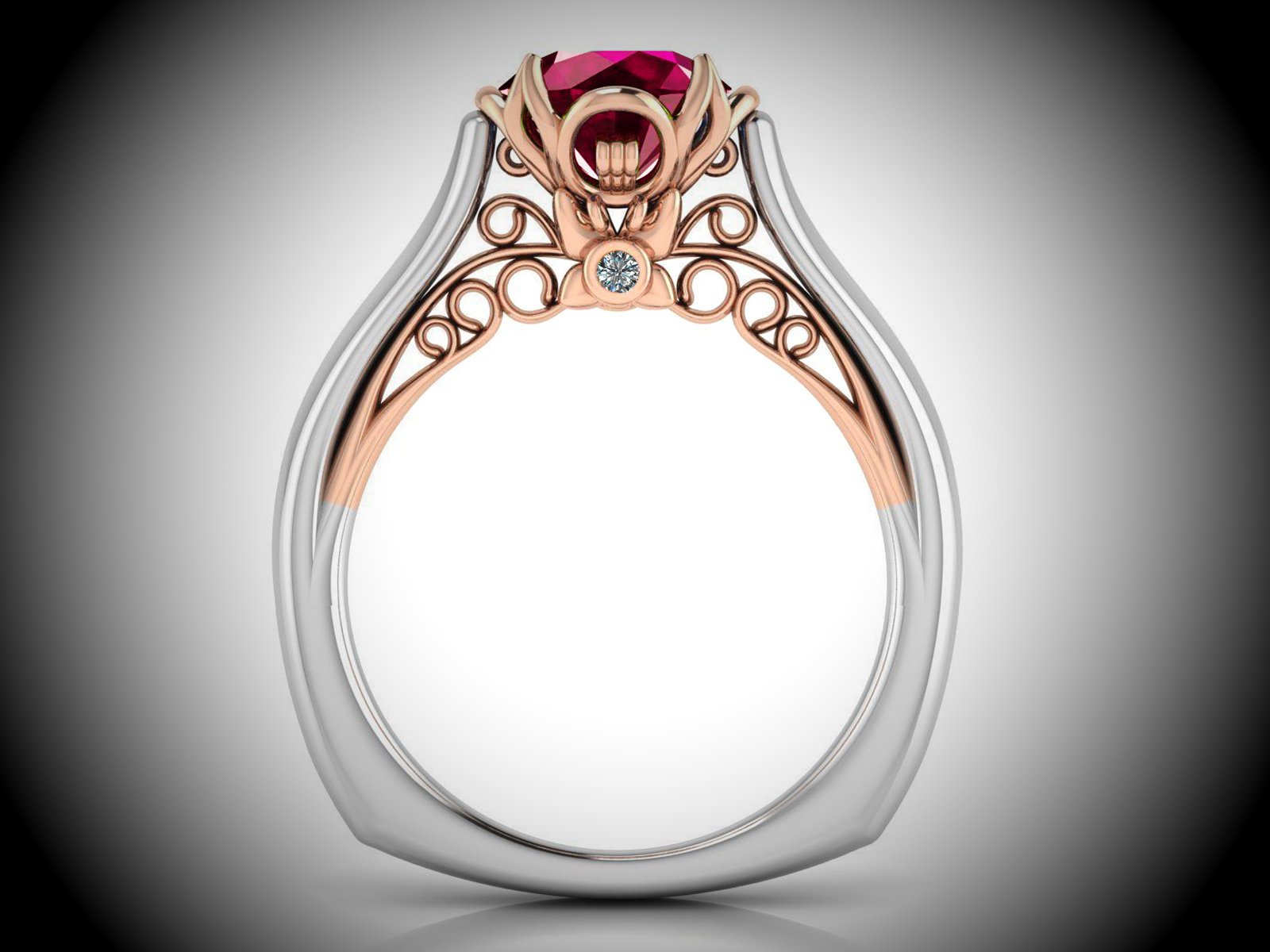 2 Tone Pink Sapphire Engagement Ring Milgrain Solitaire Ring 18K Solid Gold Contour Filigree Vintage Style
