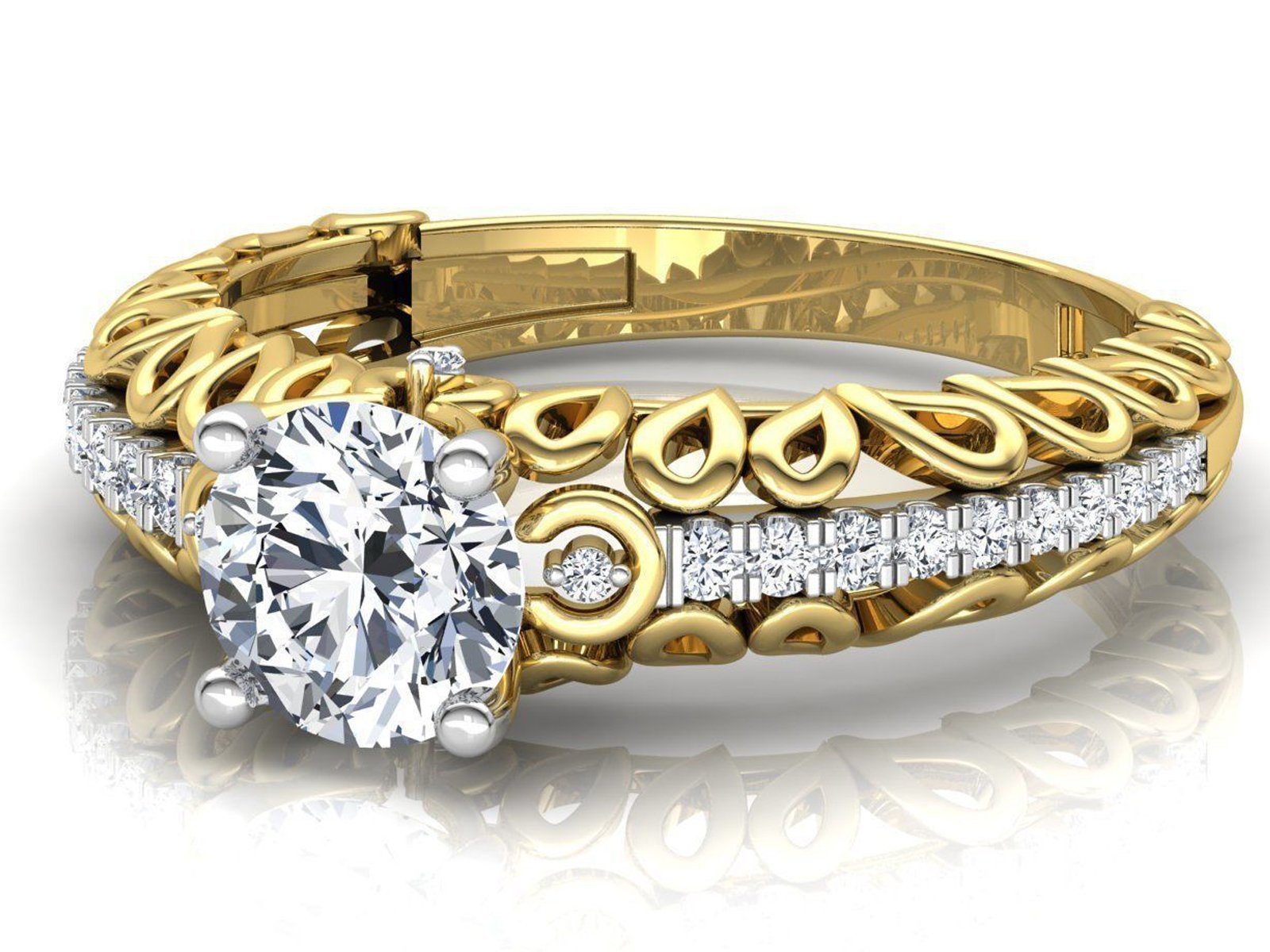 1.3 carat Milgrain Filigree Diamond Gold Ring Wide Shank with Row Diamonds Unique Engagement Milgrain Diamond Engraved Swirl Filigree