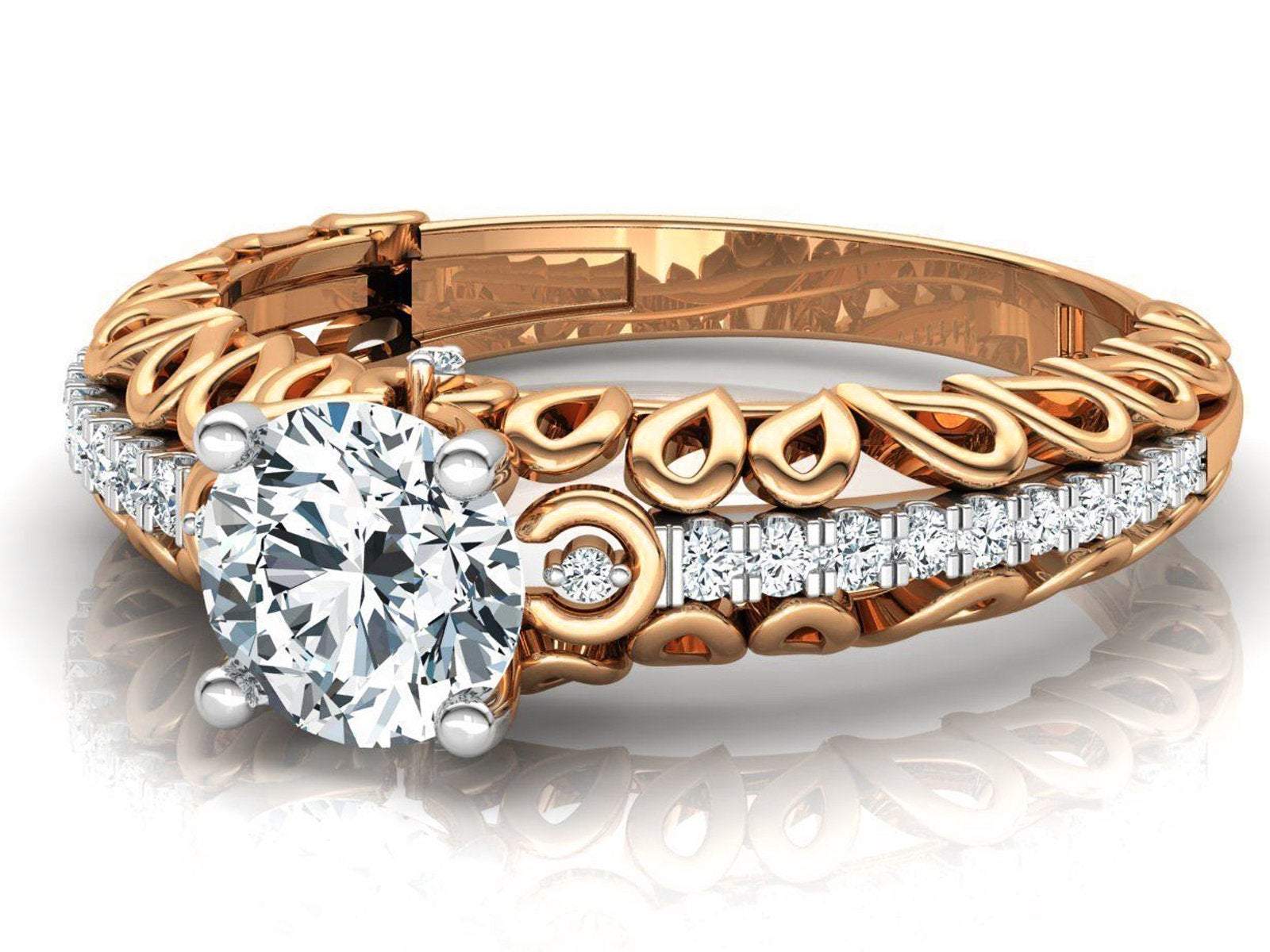 Rose Gold Milgrain Diamond Ring Swirl Filigree 1.3 ct Diamond Gold Ring Wide Shank 1 Row Diamonds Unique Engagement Milgrain Trellis shank