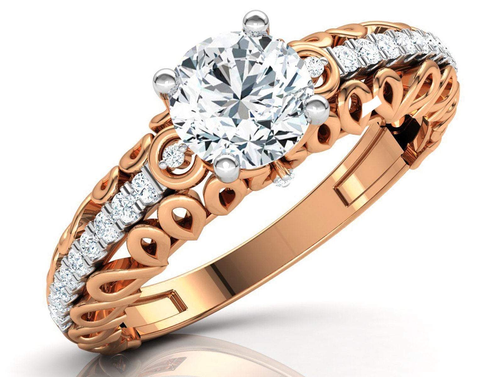 Rose Gold Milgrain Diamond Ring Swirl Filigree 1.3 ct Diamond Gold Ring Wide Shank 1 Row Diamonds Unique Engagement Milgrain Trellis shank