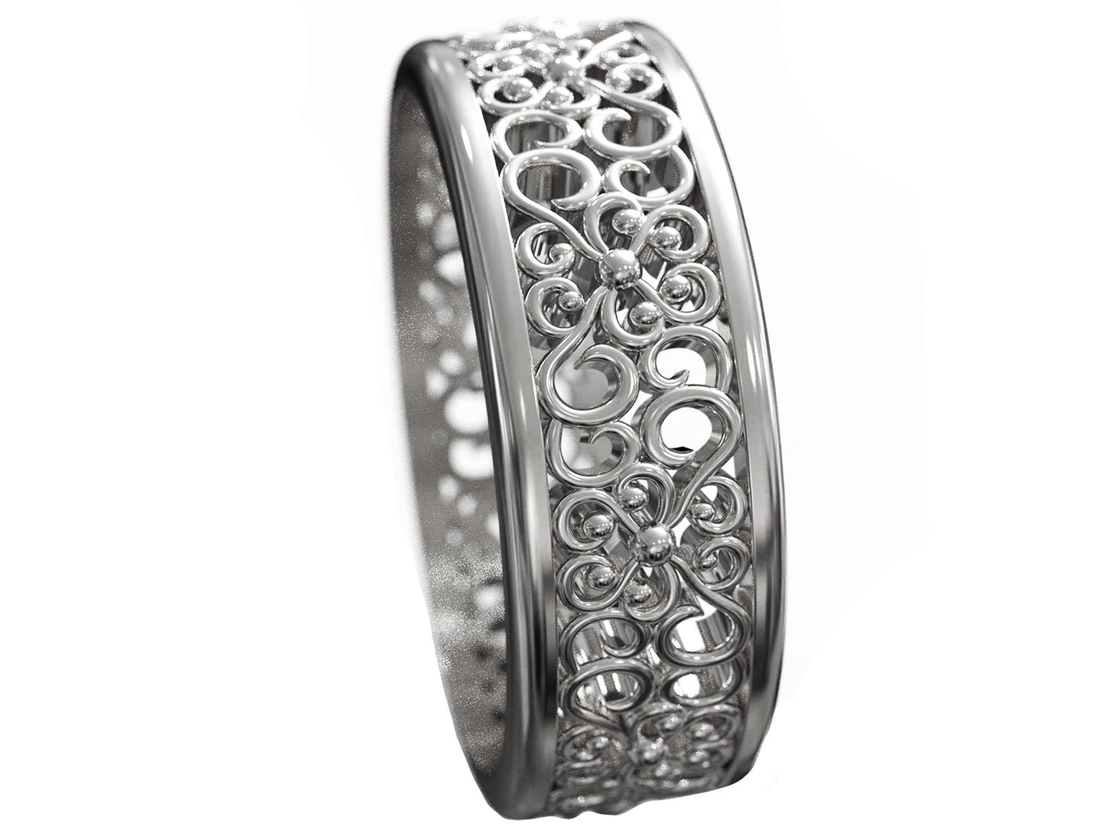 14K White Gold Flower Wedding Band Filigree Band Milgrain Band Engraved Flower Filigree Band Leaf Band Botanical Band Ring Promise Ring