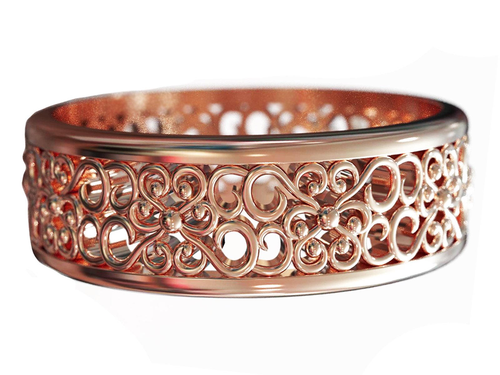 14K Rose Gold Band Flower Wedding Band Filigree Band Milgrain Band Engraved Flower Band Leaf Band Botanical Band - Lianne Jewelry
