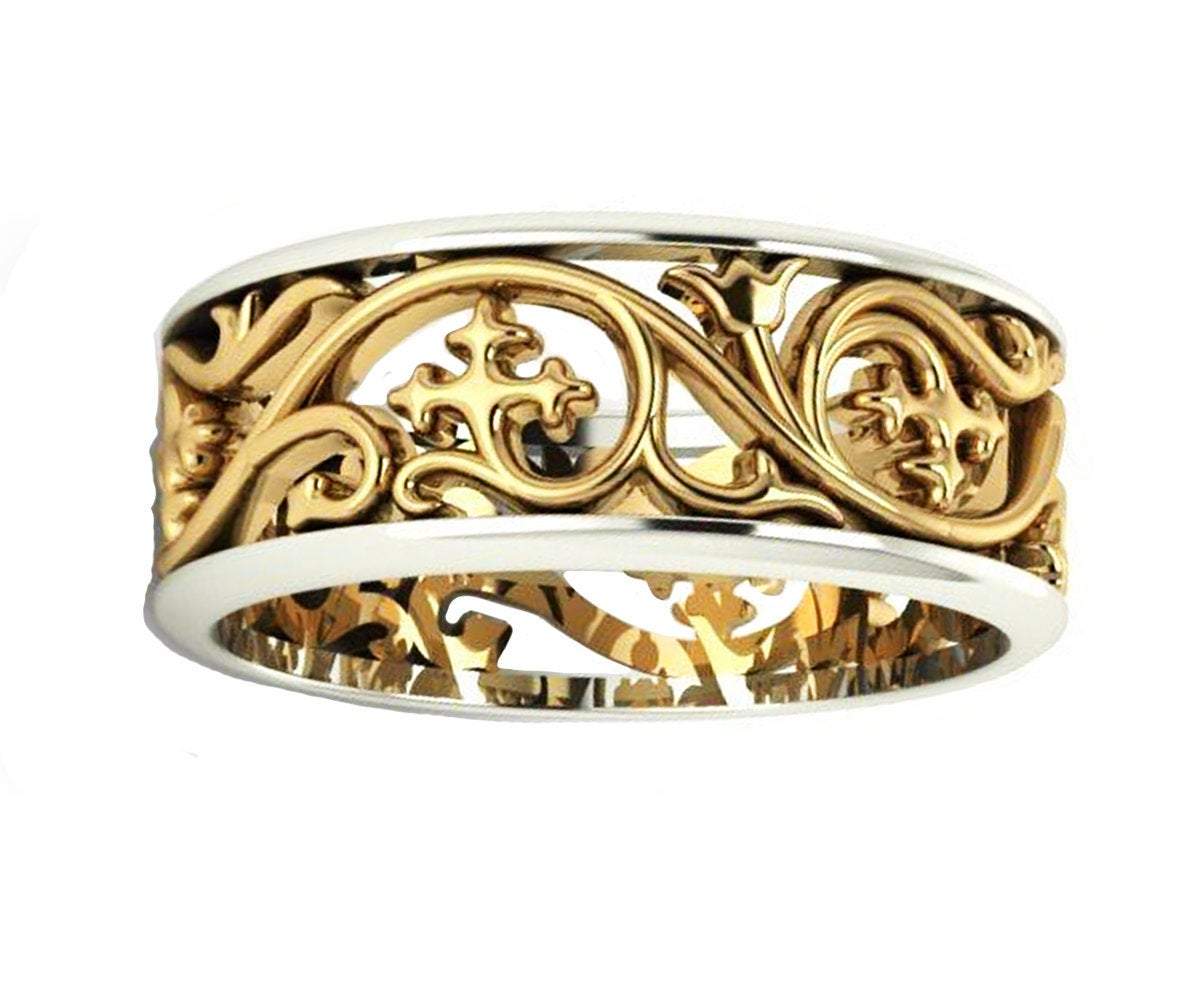 2 Tone Filigree Engagement Ring, Ornament Ring unique wedding band Engraved Ring Flower Band Leaf 18K Yellow and White Gold - Lianne Jewelry